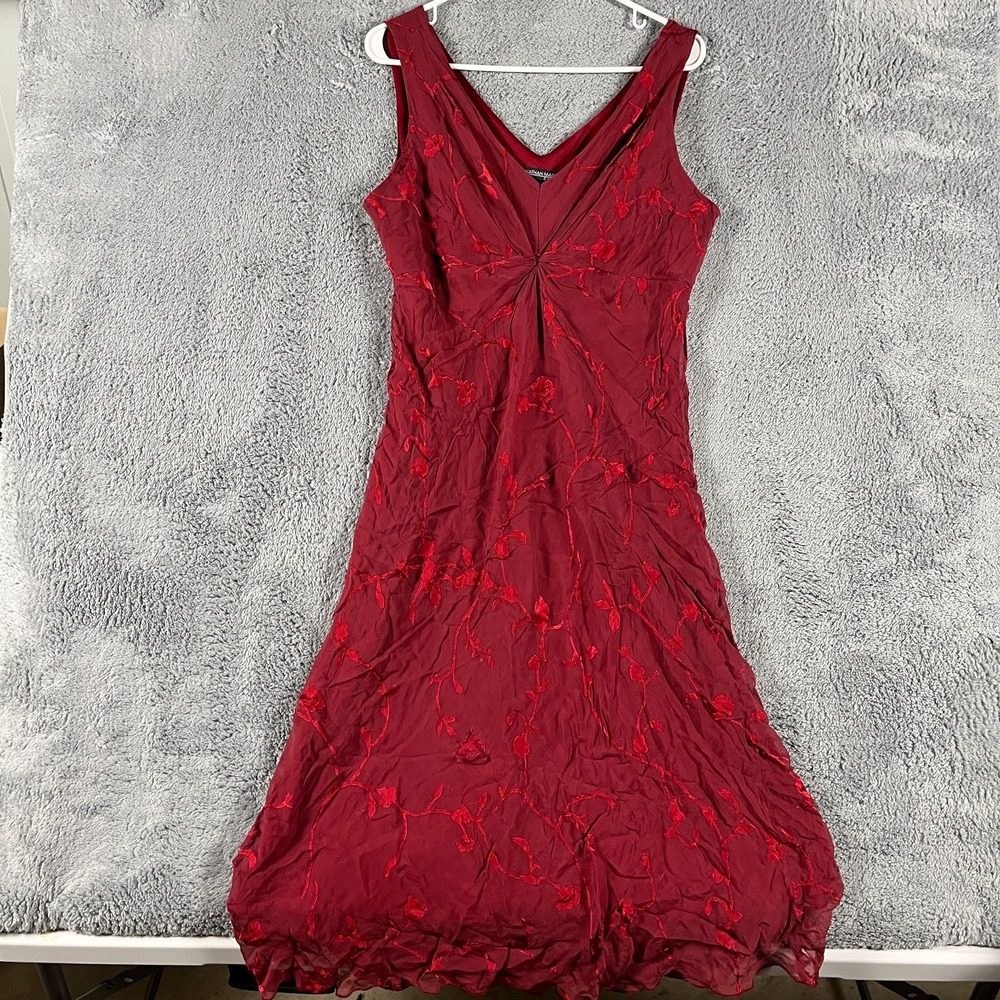 Jonathan Martin Cocktail Dress Womens 14 Red Silk Embroidered Floral Overlay